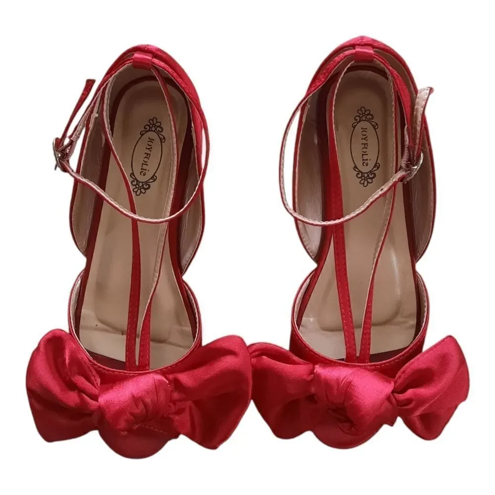 Joyfolie Elegant Red Satin Heels with Bow Detail